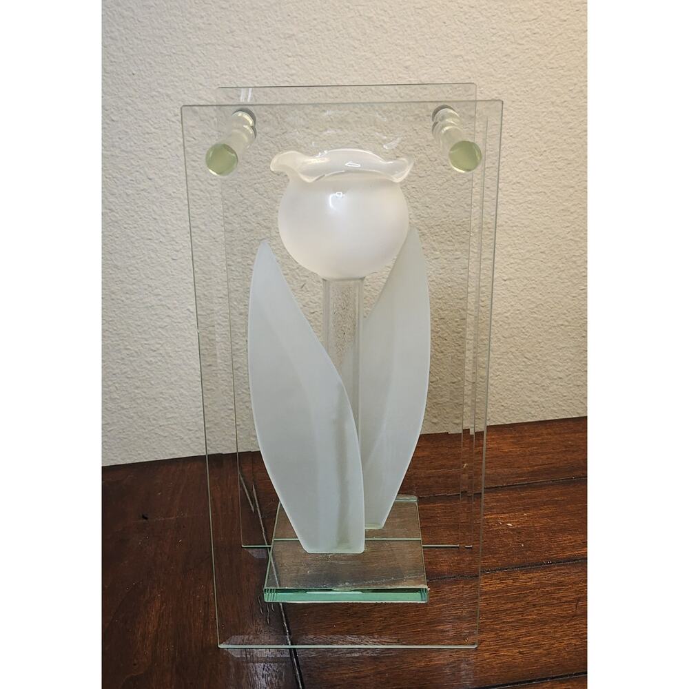 Vintage Frosted Glass Cressida 10.5" Tulip Flower Vase Tabletop Shelf Art Decor